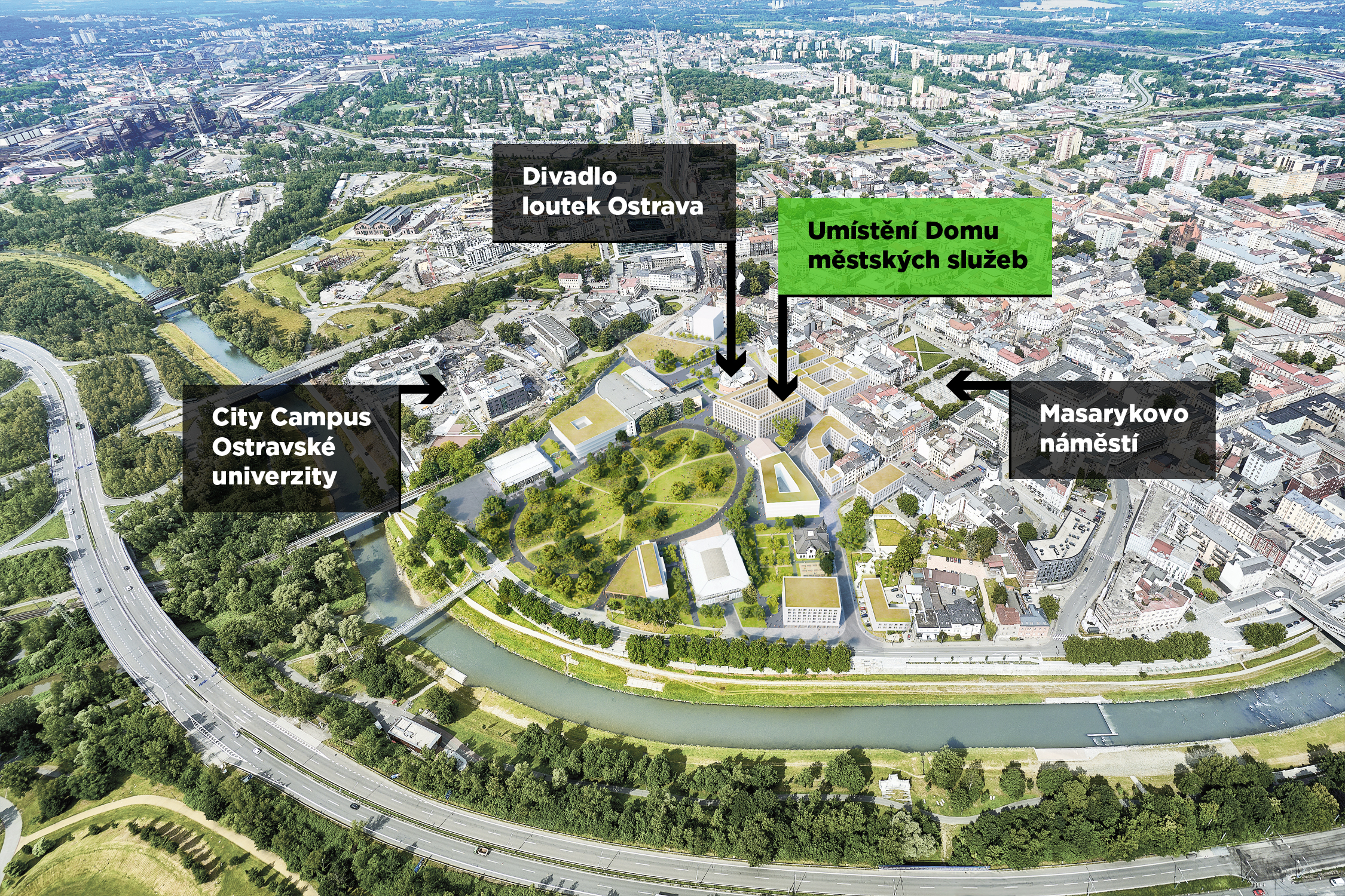 Představa plánovaného Domu městských služeb v kompozici lokality Černá louka. Vizualizace: MAPPA
